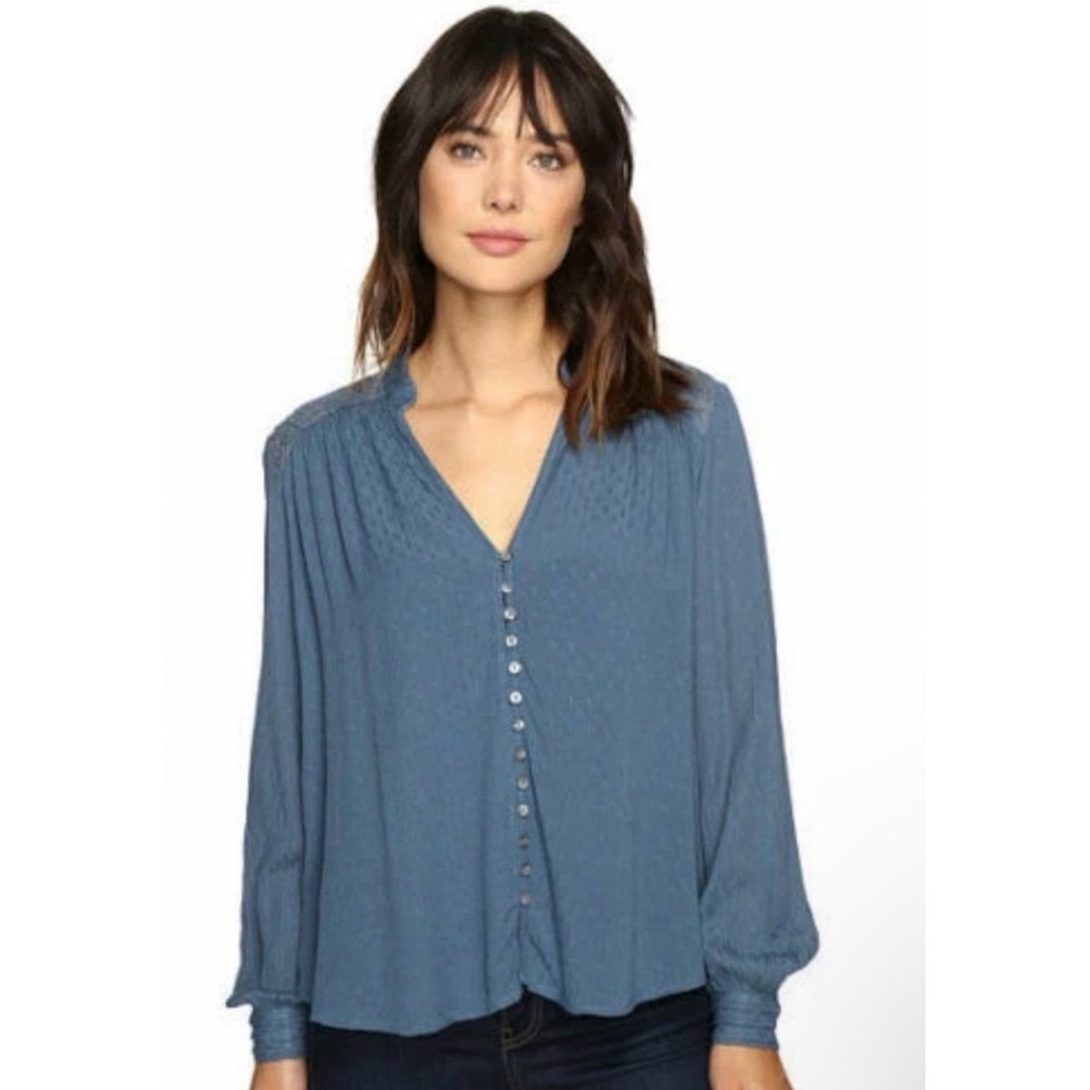Free People Blue Boho Lace Yoke Canyon Rose Button Down Long Sleeve Blouse Top L